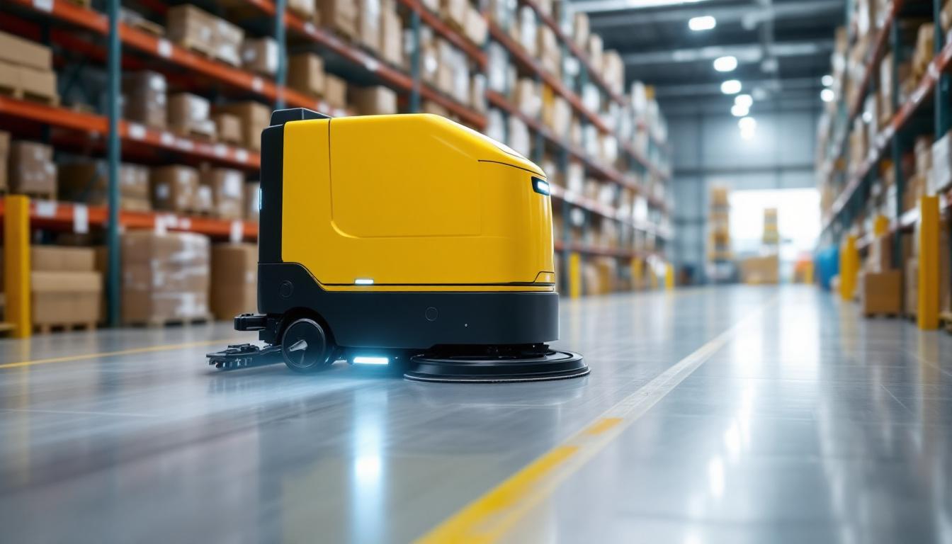 A photograph of a sleek industrial robotic floor scrubber in action