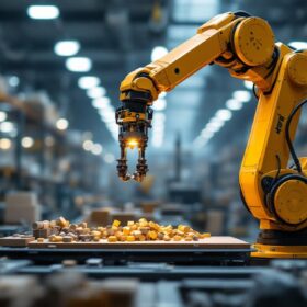 A photograph of capture a photograph of an industrial robotic arm in action within a modern warehouse setting