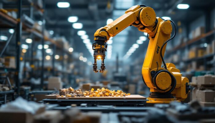 A photograph of capture a photograph of an industrial robotic arm in action within a modern warehouse setting