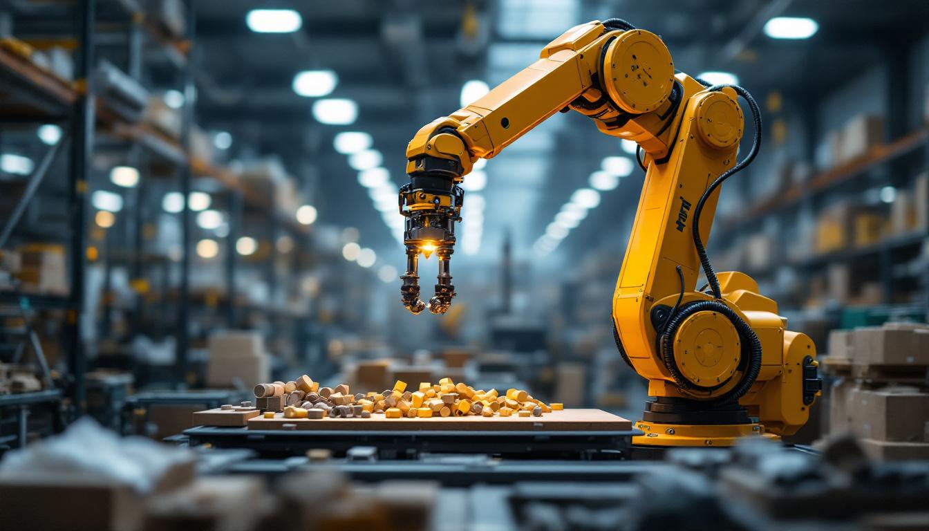 A photograph of capture a photograph of an industrial robotic arm in action within a modern warehouse setting