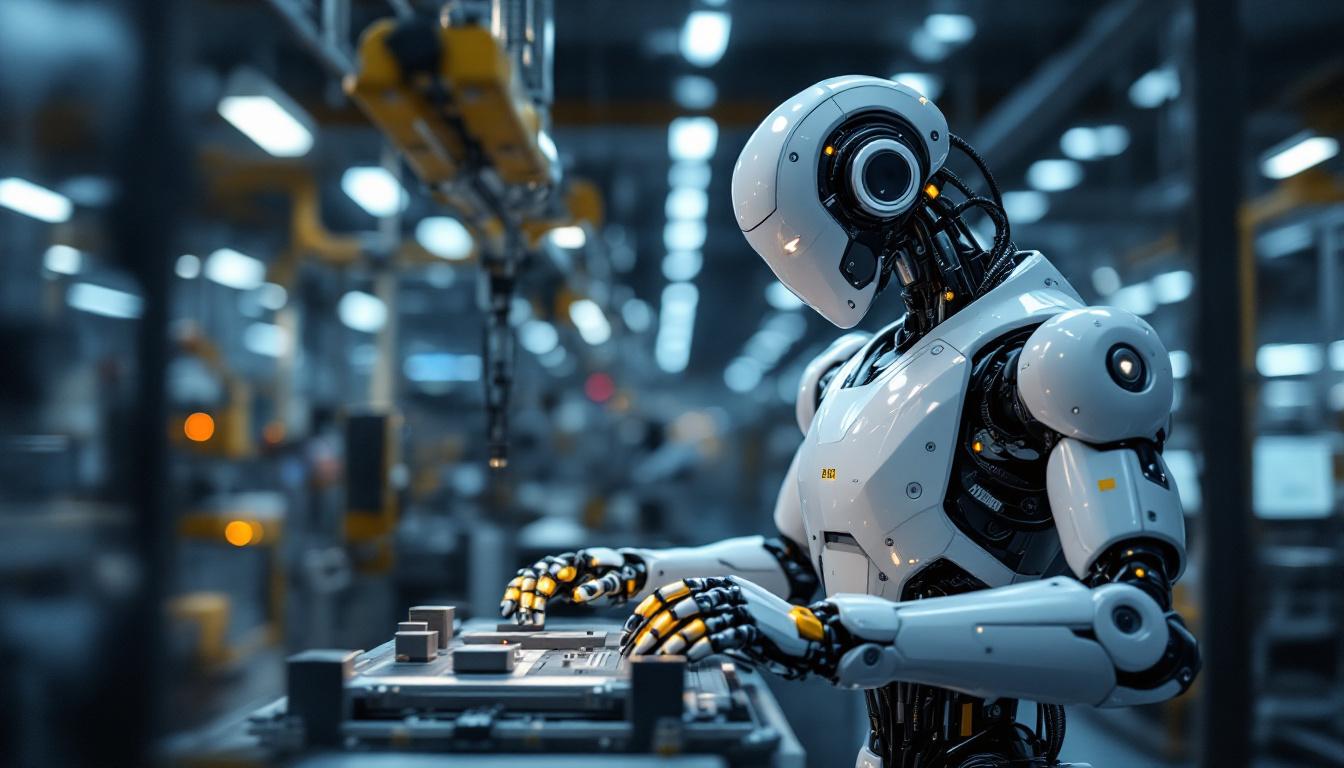 A photograph of a sleek industrial robot in action within a modern manufacturing environment