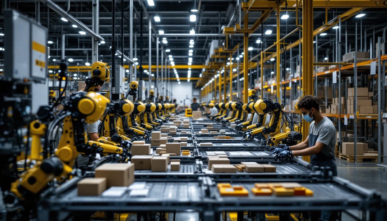 A photograph of a bustling amazon fulfillment center showcasing a fleet of industrial robots efficiently sorting and transporting packages