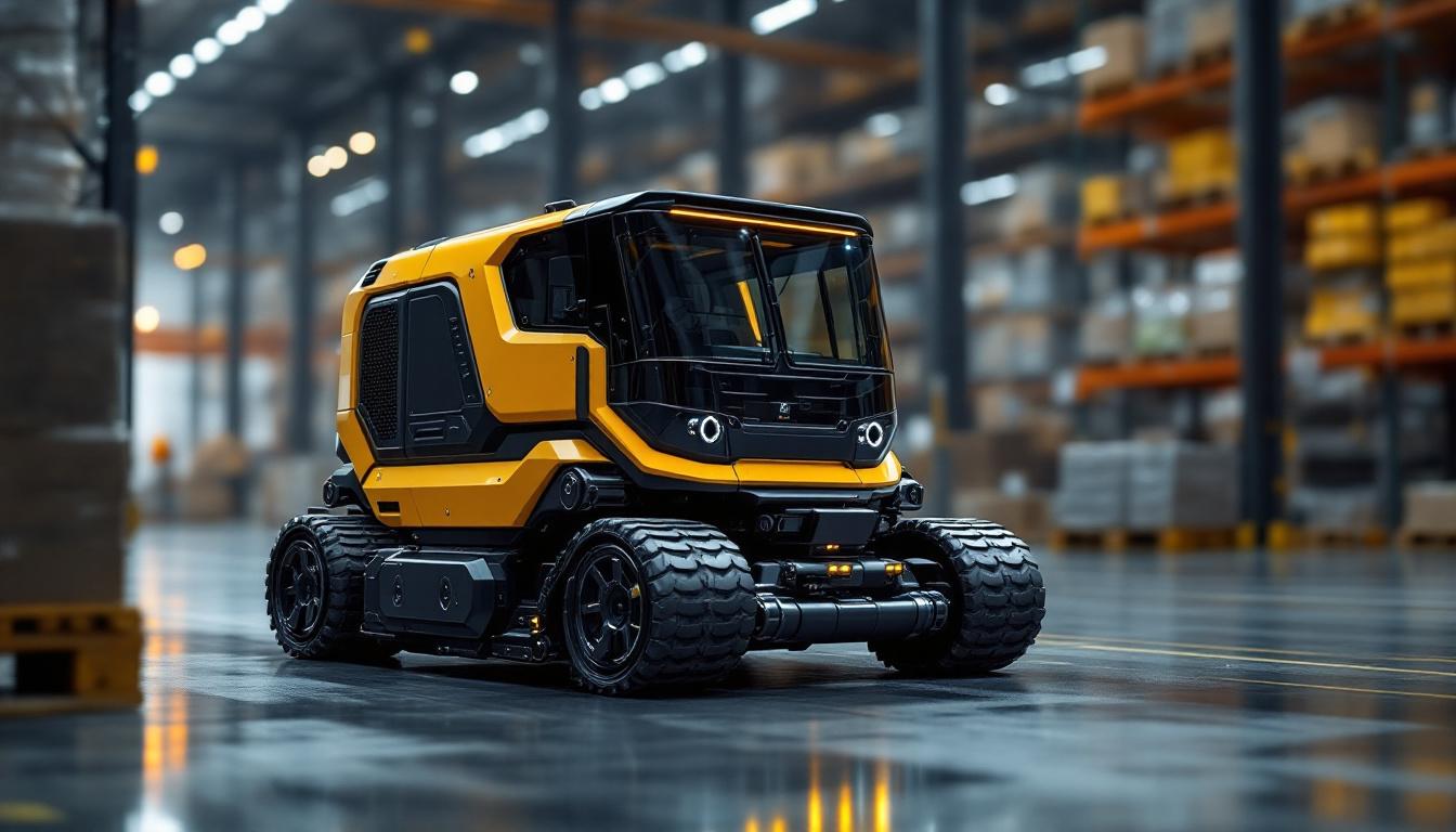 A photograph of a robust industrial robotic vehicle tug in action