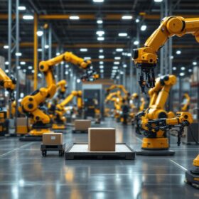 A photograph of a modern warehouse setting showcasing various industrial robots in action