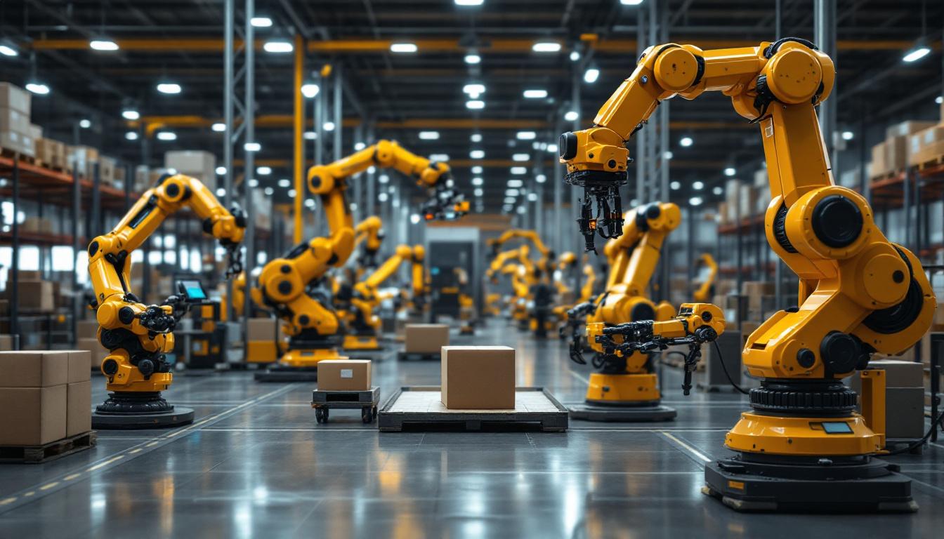 A photograph of a modern warehouse setting showcasing various industrial robots in action