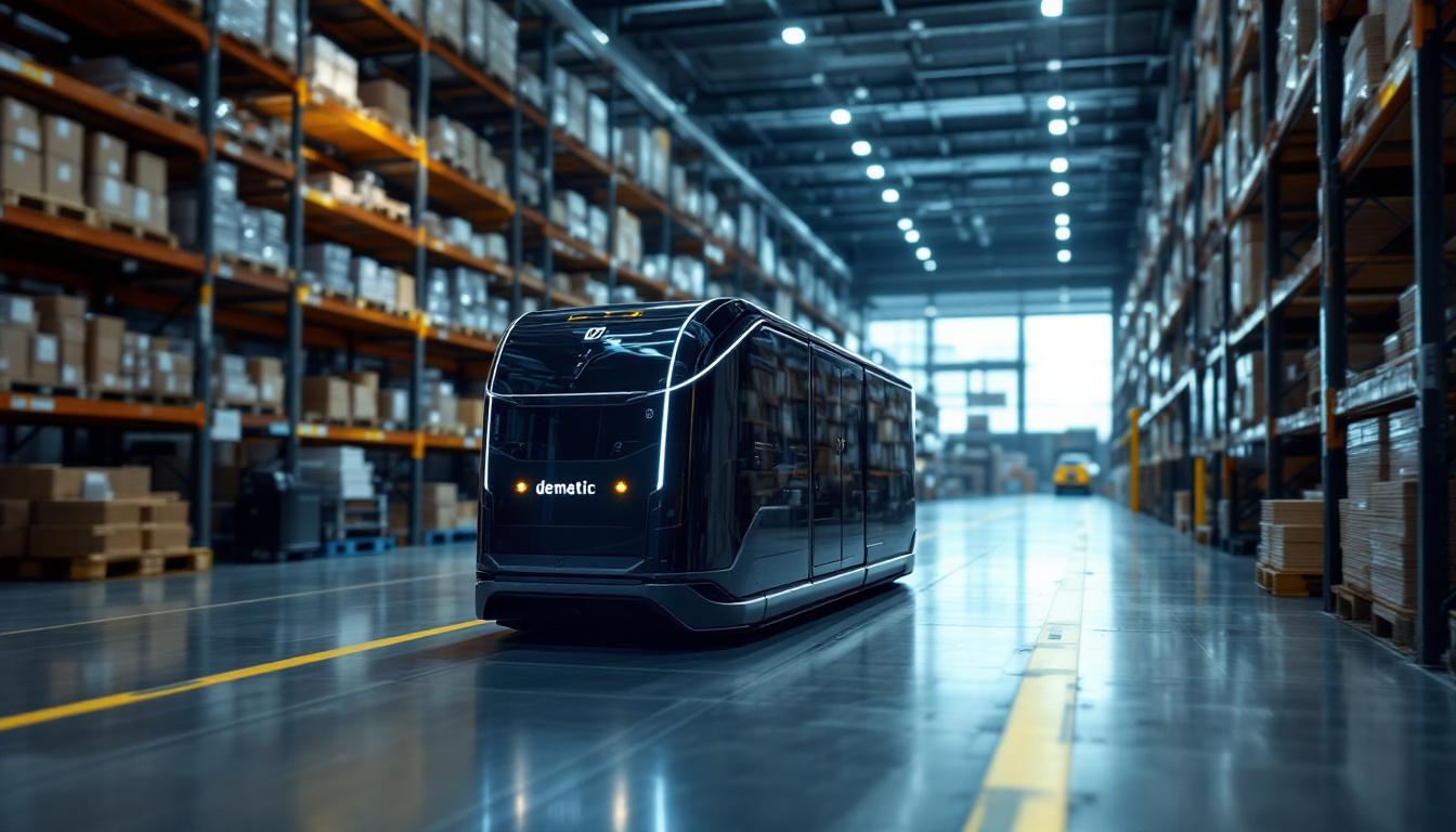 A photograph of capture a photograph of a sleek dematic agv (automated guided vehicle) in action within a modern industrial warehouse setting