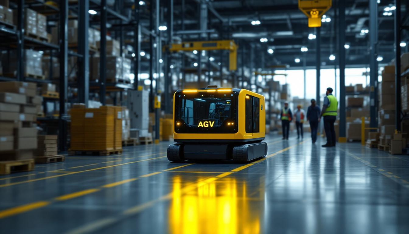 A photograph of capture a photograph of an automated guided vehicle (agv) navigating through a busy industrial warehouse