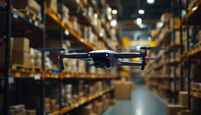 A photograph of a sleek warehouse drone in action