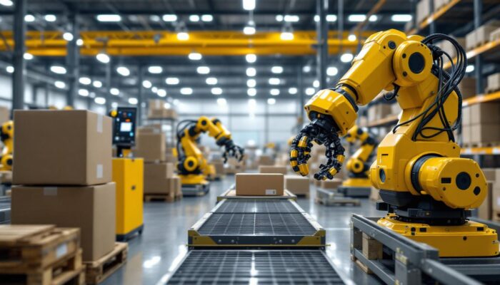 A photograph of a modern warehouse setting showcasing industrial robots in action