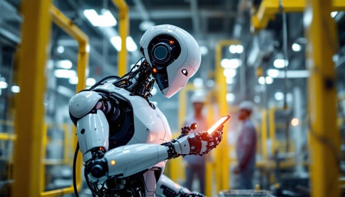 A photograph of a modern industrial robot in action within a factory setting