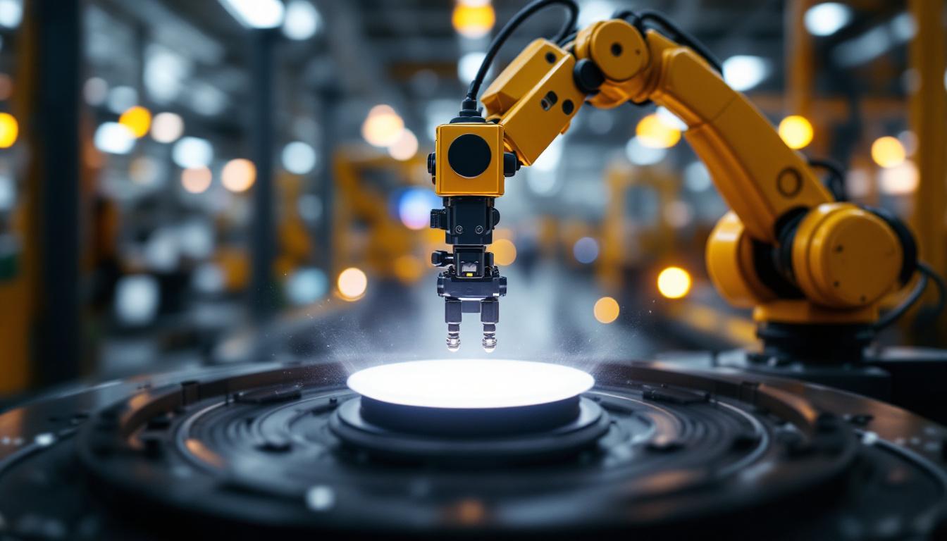 A photograph of a sleek industrial robotic arm in action