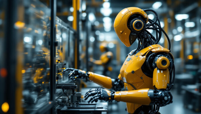 A photograph of a sleek industrial robot in action