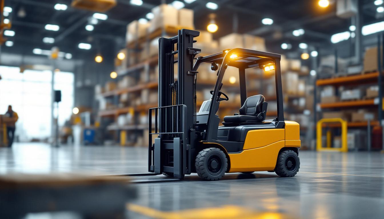 A photograph of a modern industrial forklift in action within a warehouse setting
