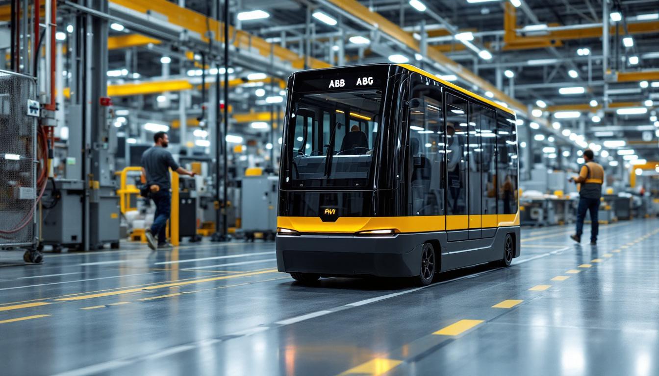 A photograph of a sleek abb agv (automated guided vehicle) in action within an industrial setting