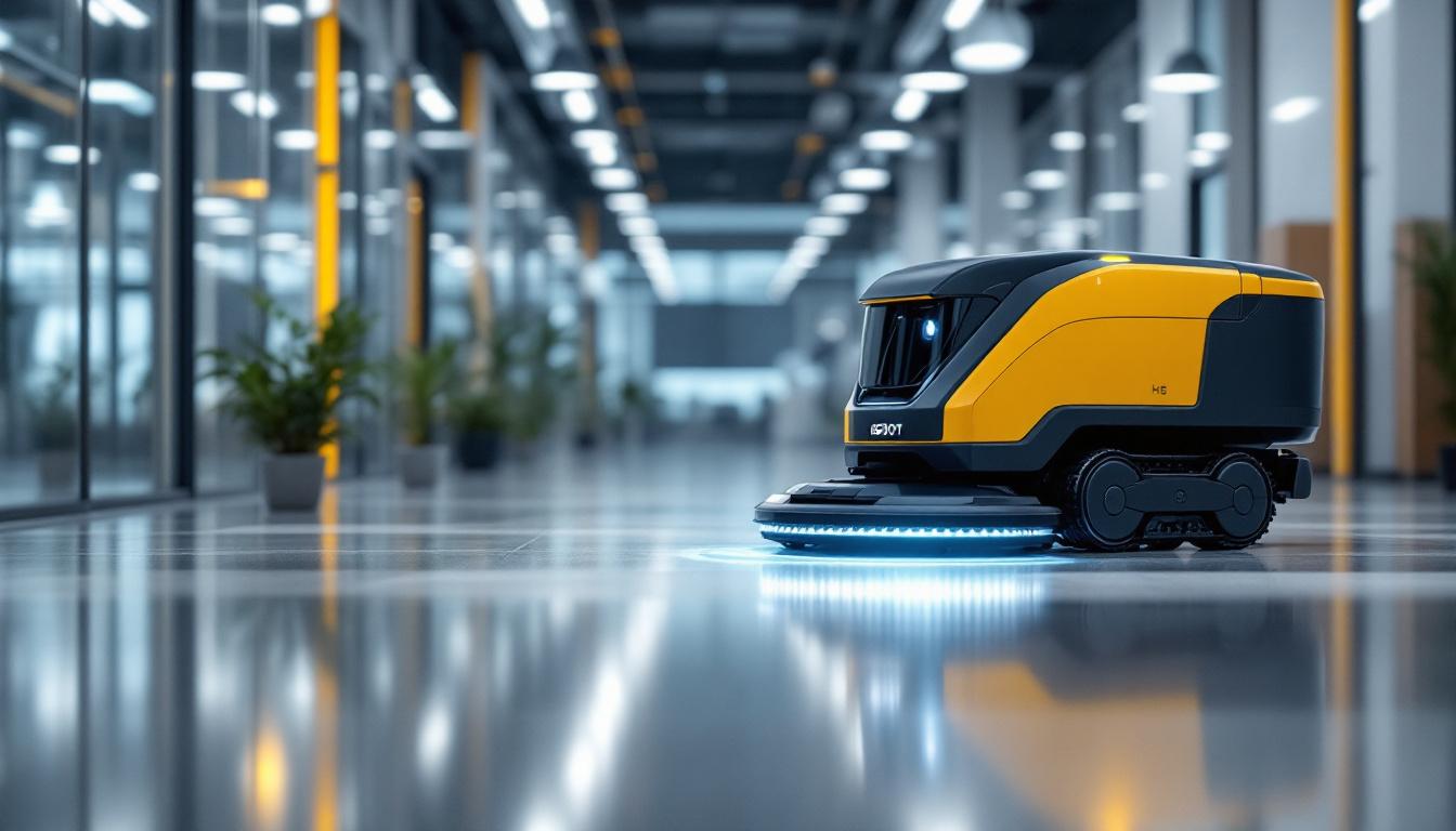 A photograph of a sleek industrial robotic cleaning machine in action