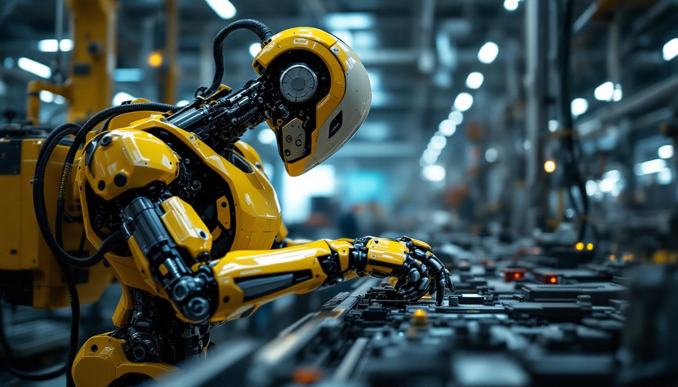 A photograph of a sleek industrial robot in action within a manufacturing environment