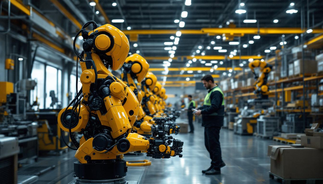 A photograph of a modern warehouse environment showcasing industrial robots in action
