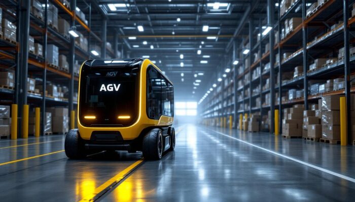 A photograph of a sleek agv (automated guided vehicle) truck in action within an industrial warehouse setting