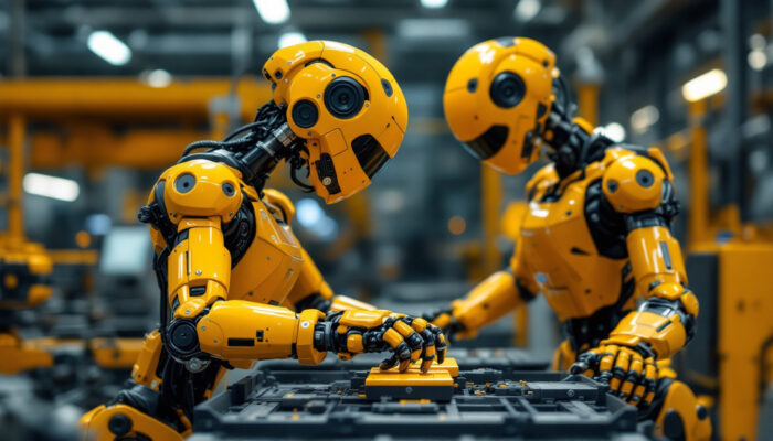 A photograph of a modern industrial robot in action on a factory floor