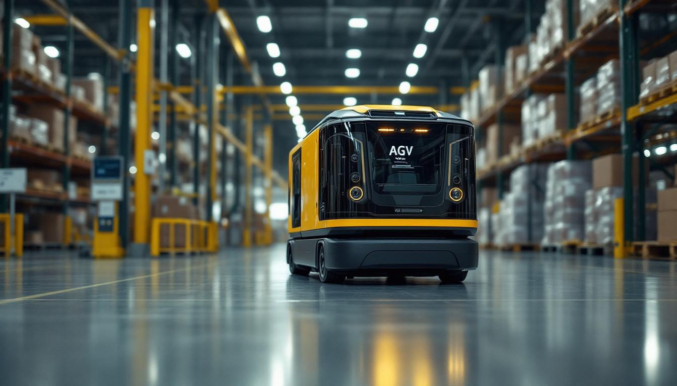 A photograph of capture a photograph of an automated guided vehicle (agv) navigating through a busy industrial warehouse