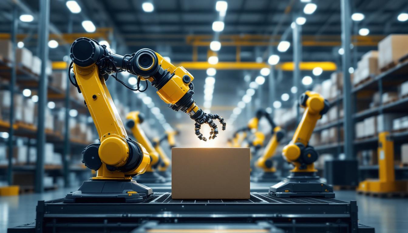 A photograph of a modern warehouse environment showcasing industrial robots in action as they efficiently handle inventory management tasks
