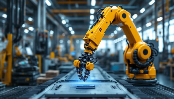 A photograph of a movable industrial robot in action within a manufacturing environment