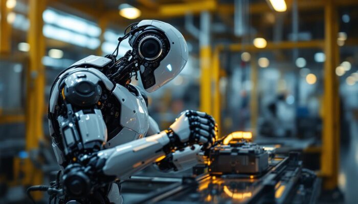 A photograph of a sleek industrial robot in action