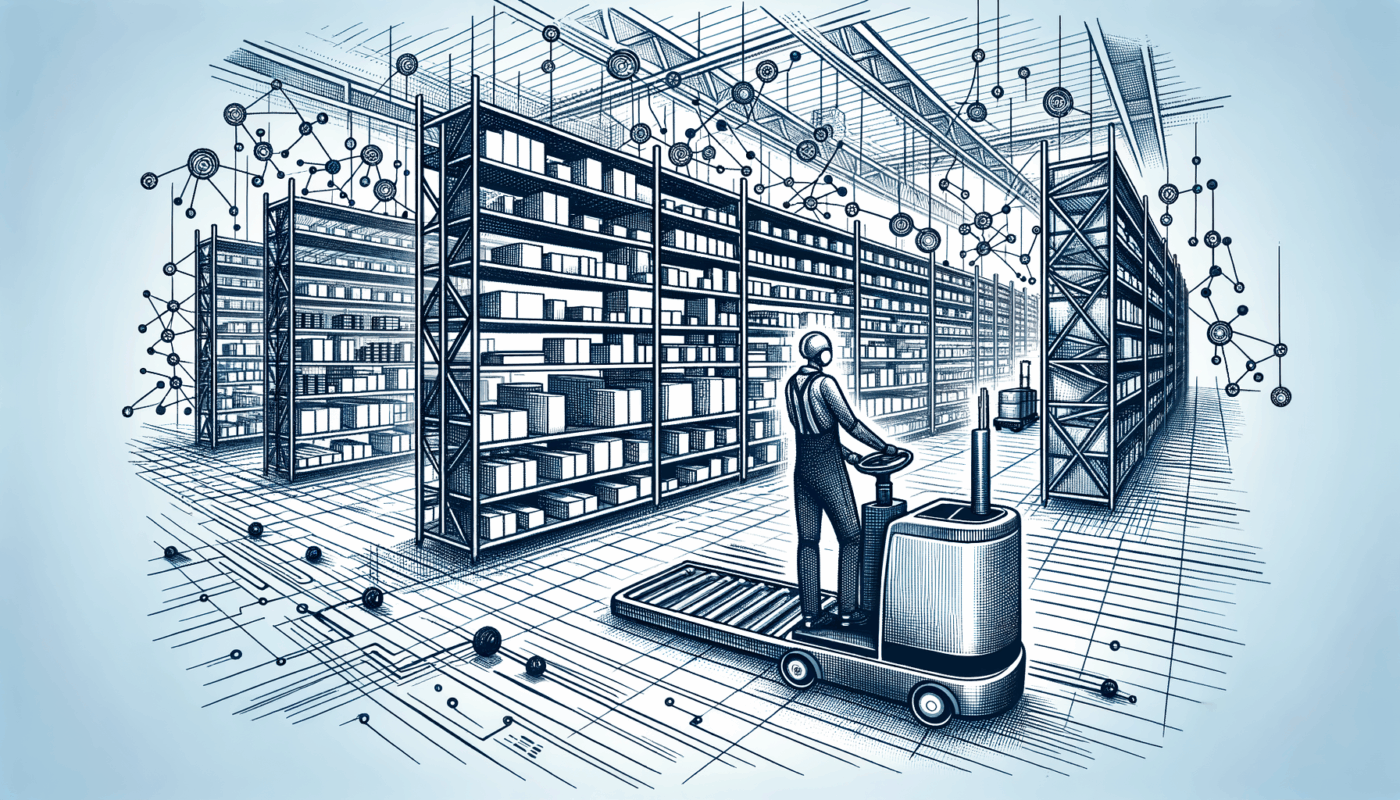 An autonomous shelf mover navigating through a modern warehouse