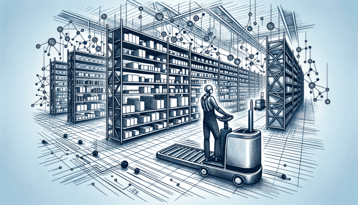 An autonomous shelf mover navigating through a modern warehouse