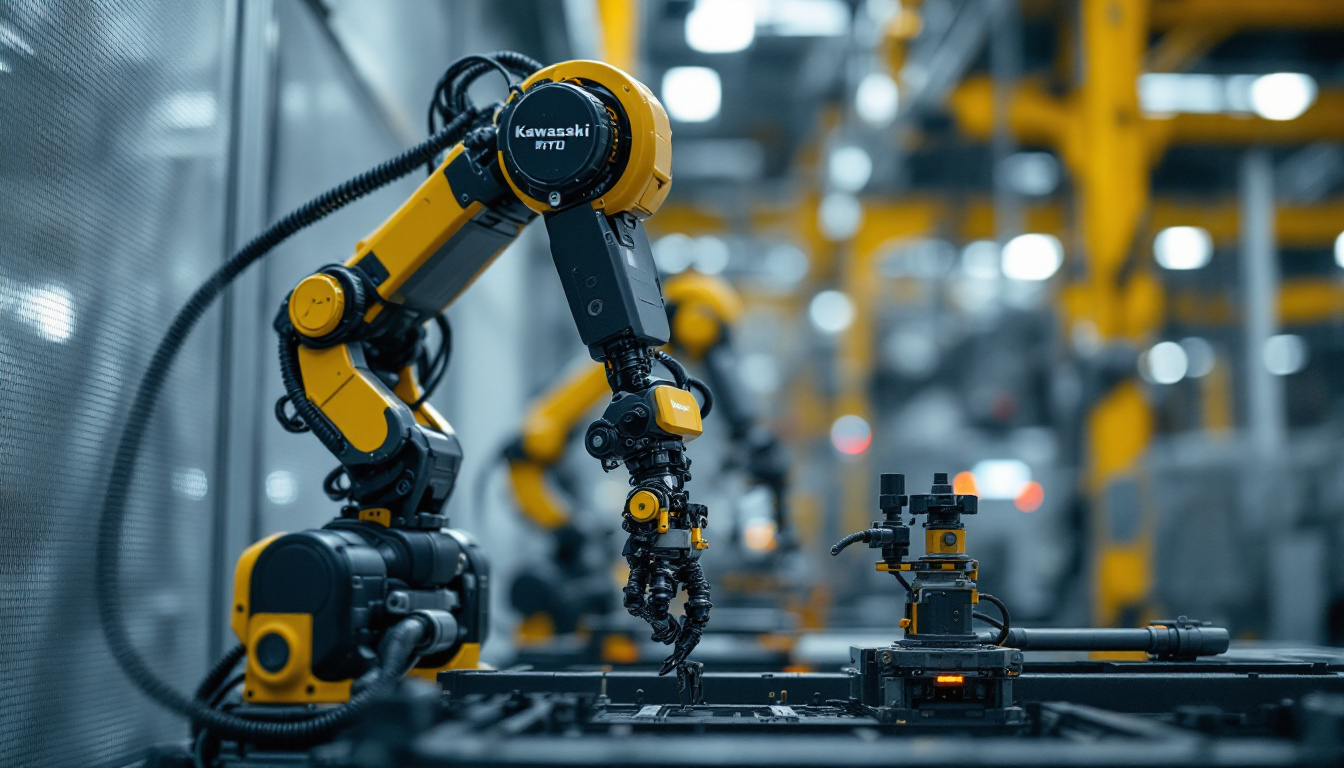 A photograph of a kawasaki industrial robot in action