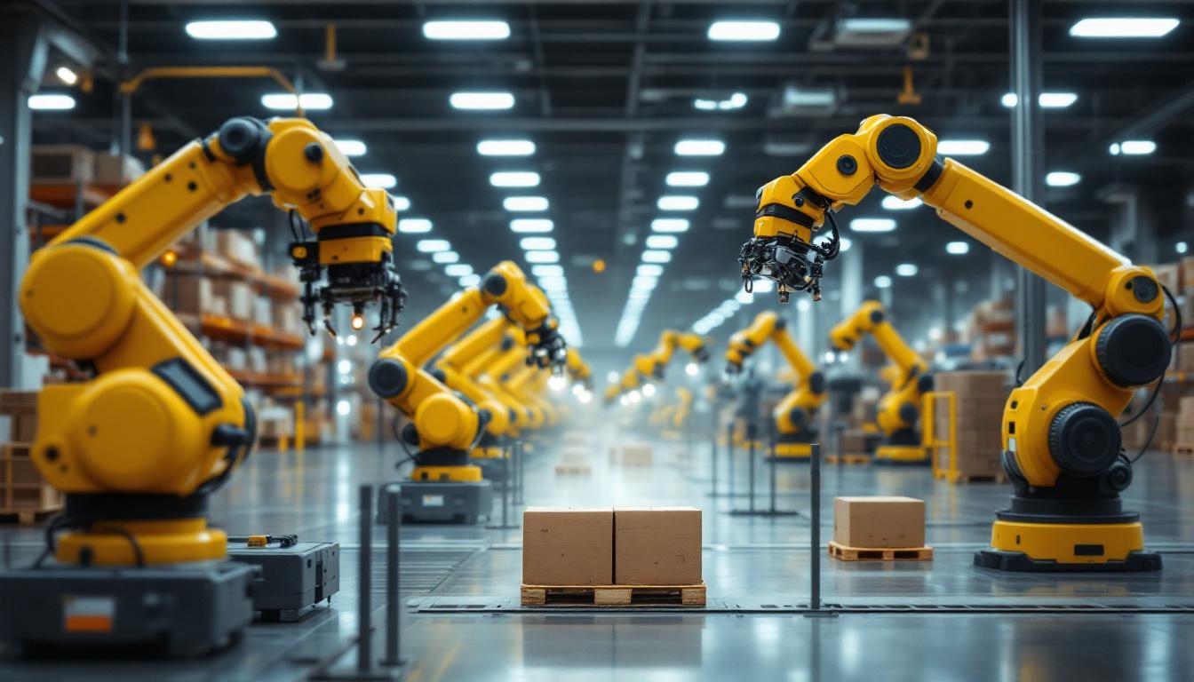 A photograph of a dynamic warehouse environment showcasing various industrial robots in action