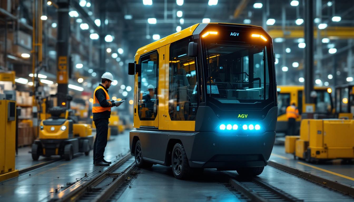 A photograph of capture a photograph of an automated guided vehicle (agv) navigating through a bustling industrial environment