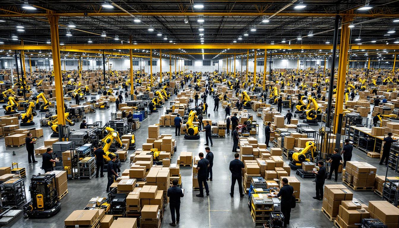 A photograph of a bustling amazon fulfillment center showcasing a variety of robots in action