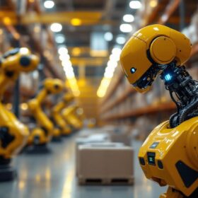 A photograph of a modern warehouse environment featuring industrial robots in action