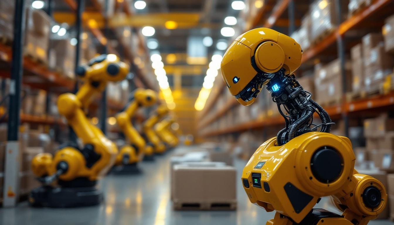 A photograph of a modern warehouse environment featuring industrial robots in action