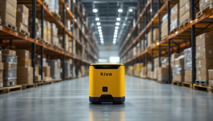 A photograph of a kiva robot in action within a warehouse setting