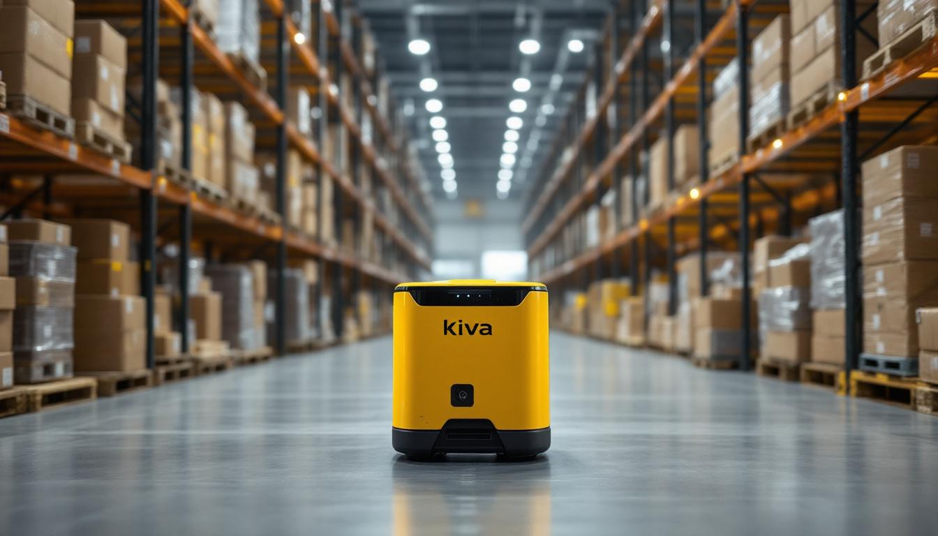 A photograph of a kiva robot in action within a warehouse setting