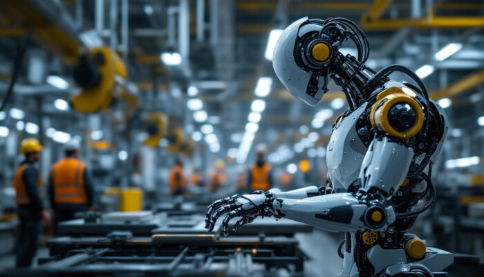 A photograph of a sleek industrial robot in action on a factory floor