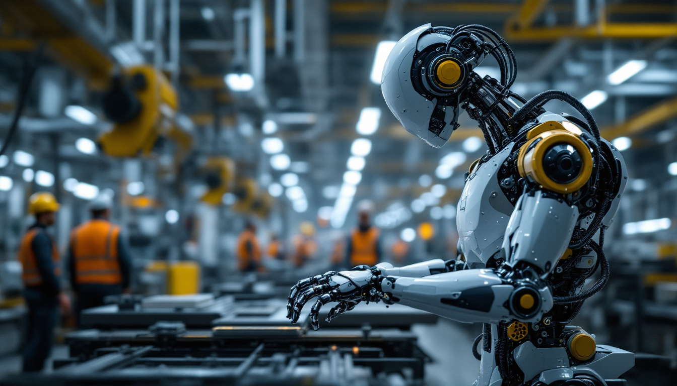 A photograph of a sleek industrial robot in action on a factory floor
