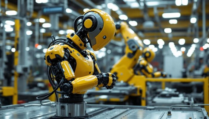 A photograph of a modern industrial robot in action within a manufacturing environment