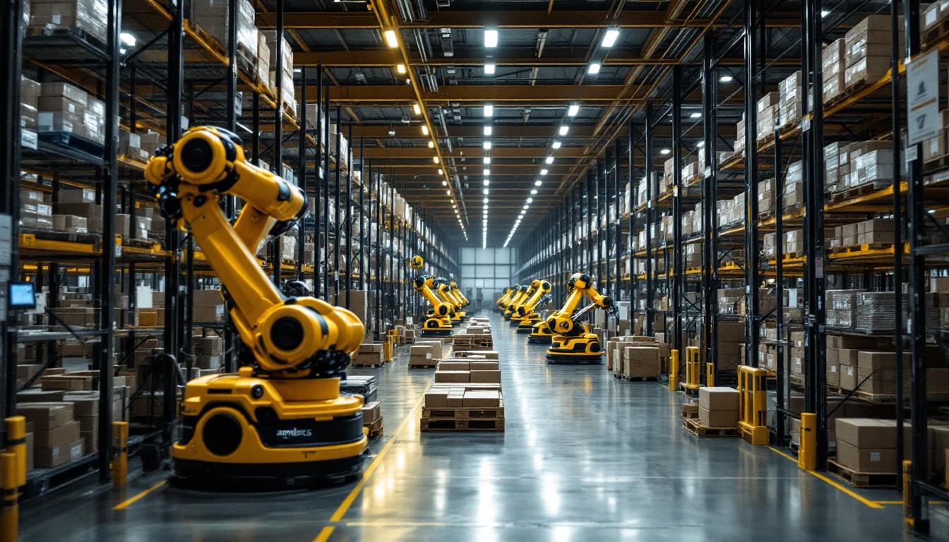 A photograph of a bustling amazon robotics warehouse