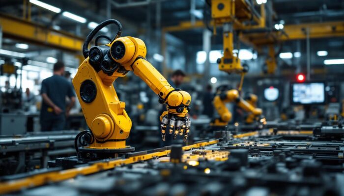 A photograph of capture a photograph of the orionstar7 industrial robot in action within a bustling manufacturing environment