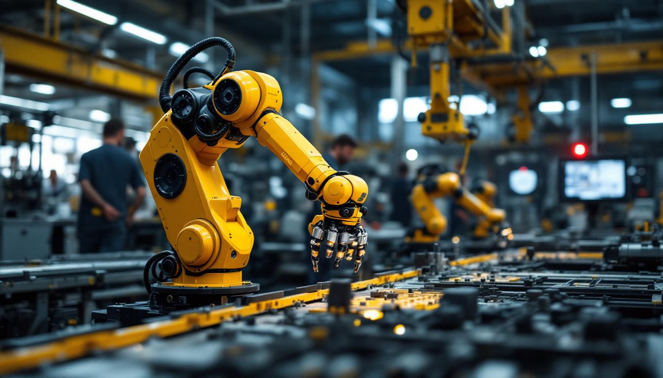 A photograph of capture a photograph of the orionstar7 industrial robot in action within a bustling manufacturing environment