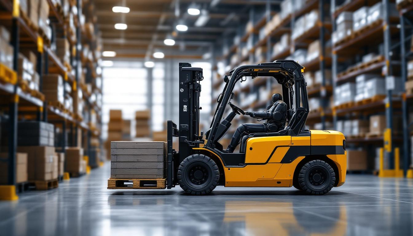A photograph of a modern industrial setting featuring a robotic forklift in action