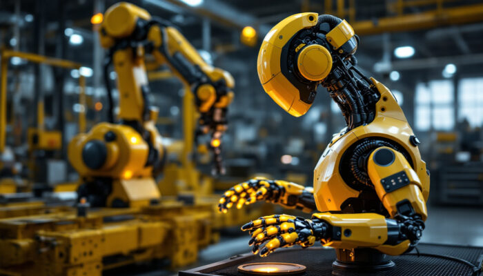 A photograph of a modern industrial robot in action within a manufacturing setting