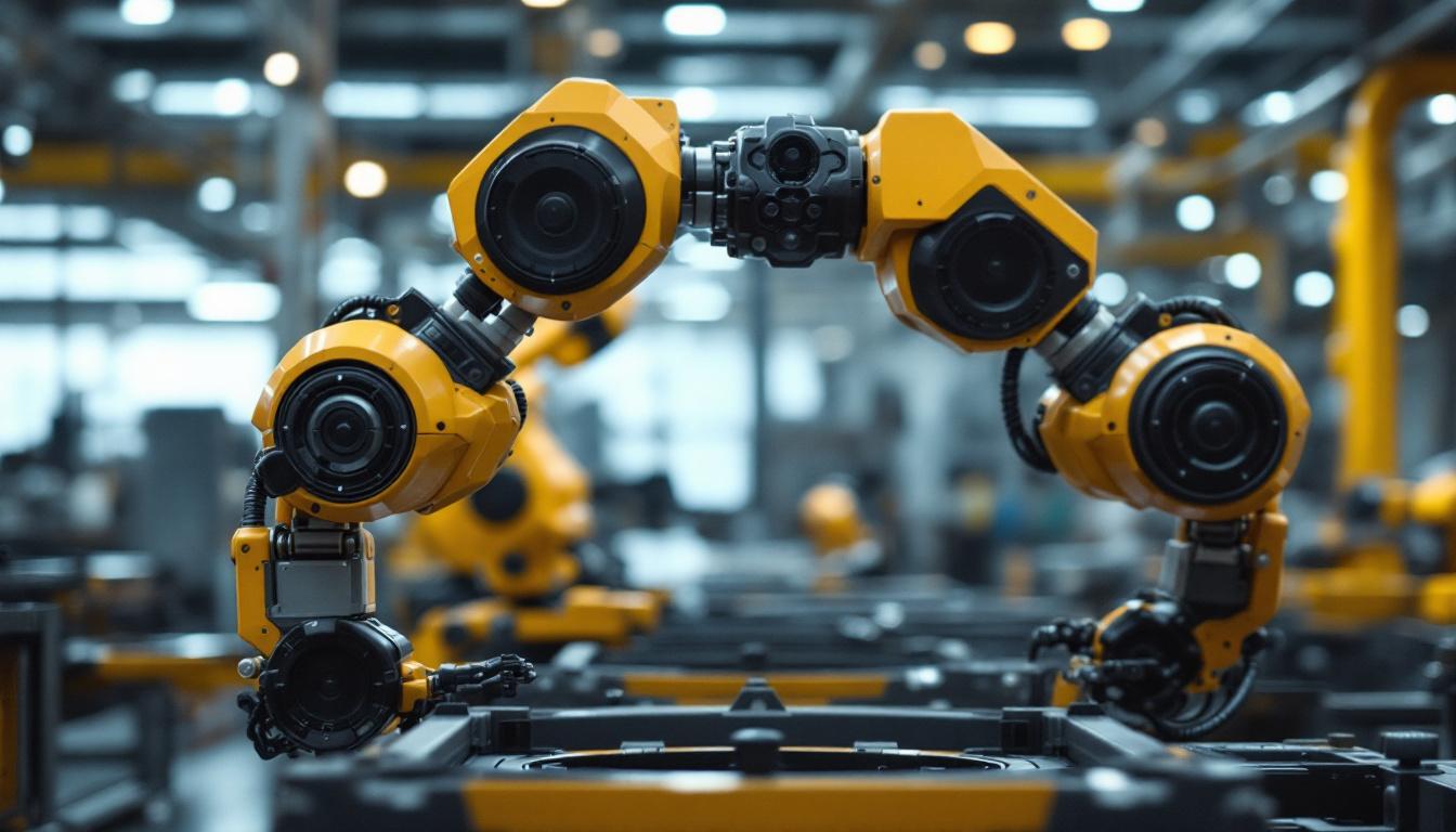 A photograph of a sleek industrial robot in action within a manufacturing environment