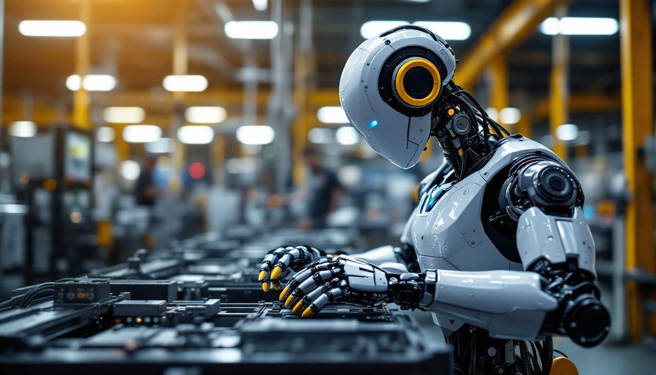 A photograph of a sleek industrial robot in action within a manufacturing setting