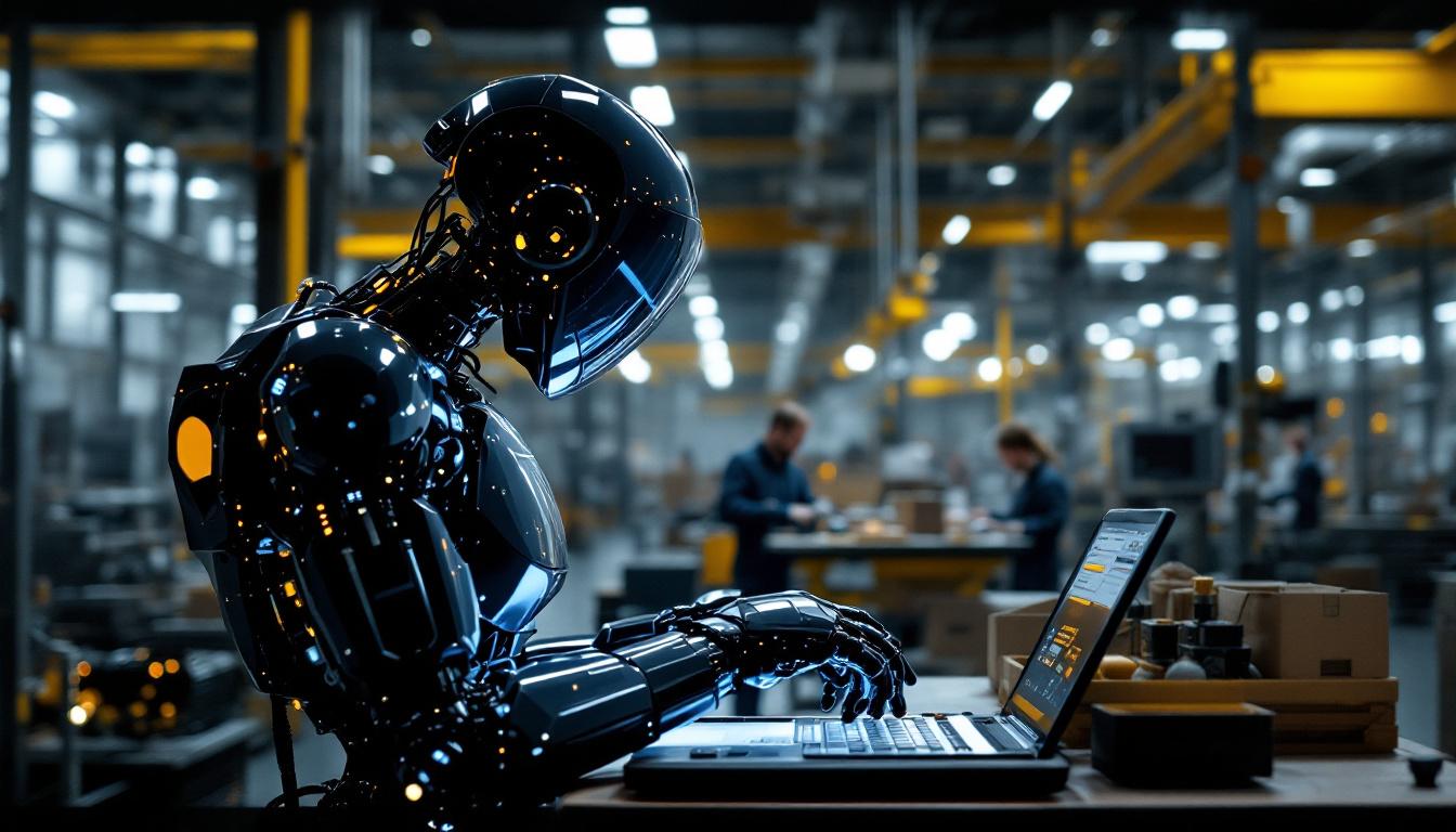 A photograph of a sleek agilox one industrial robot in action within a modern warehouse setting