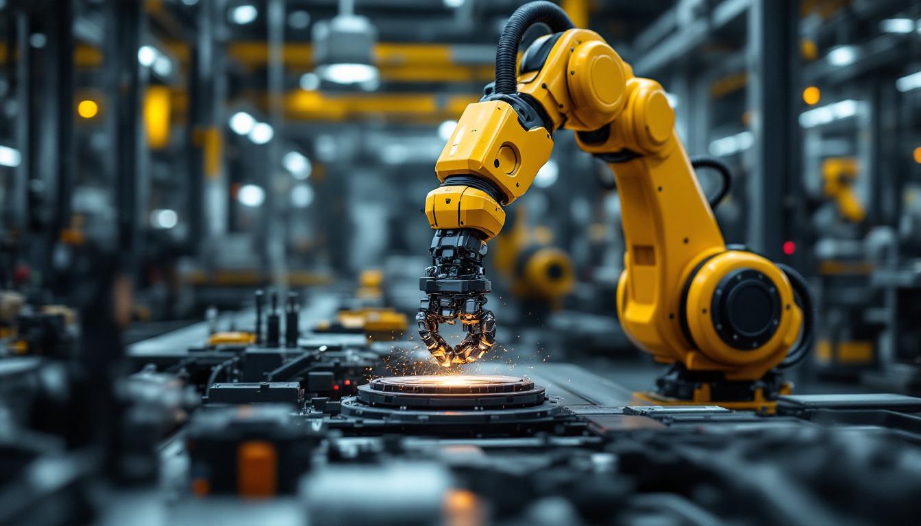 A photograph of a sleek industrial robotic arm in action within a modern manufacturing environment