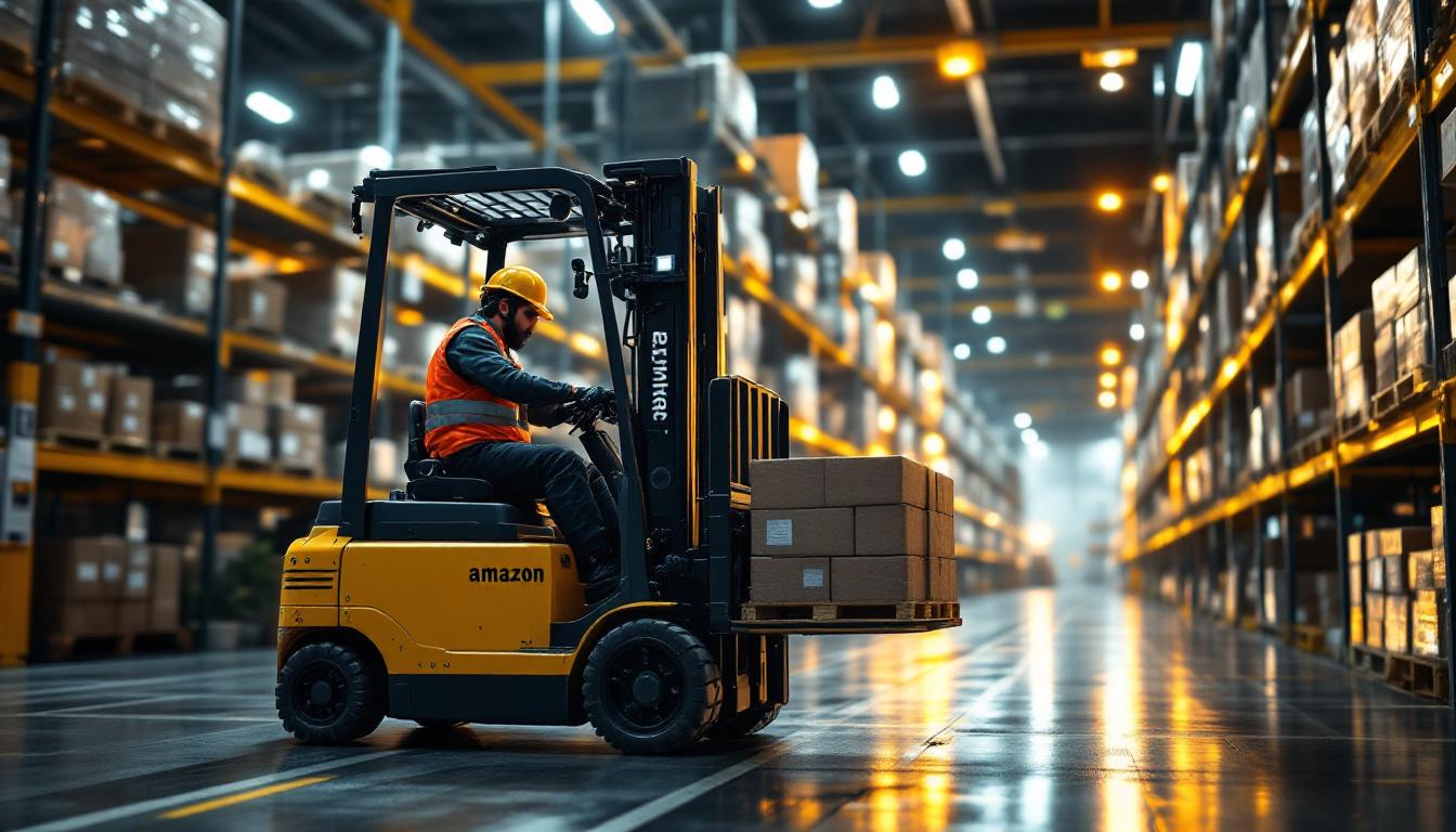 A photograph of a skilled forklift operator maneuvering an industrial forklift in a busy amazon warehouse